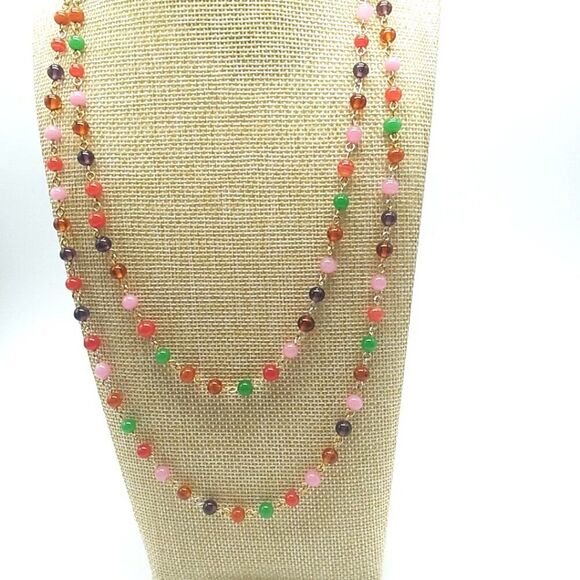 Long Multi-color Small Glass Beaded Necklace 46 inches Spring Ring - Picture 12 of 14